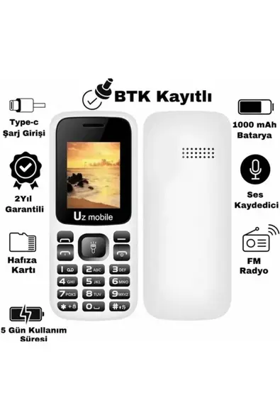 Uz Mobile Yerli Üretim Tuşlu Telefon - Uz Türkiye Garantili Beyaz Asker