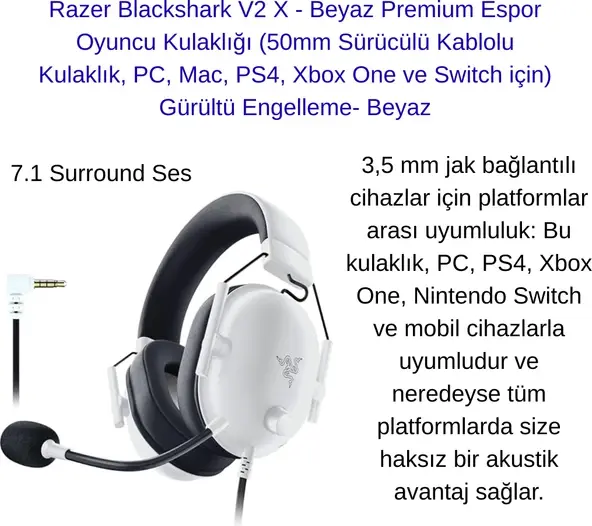 Razer BlackShark V2 X Kablolu Kulaklık Beyaz
