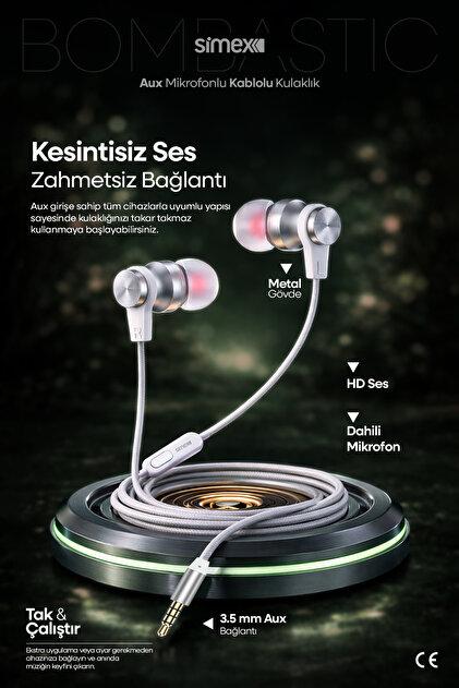 Simex 3.5 mm Jack Kablolu Kulak İçi Mikrofonlu Kulaklık - Yüksek Bas Günlük Kullanım Spd-04 Gri/Beyaz