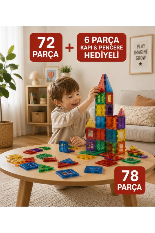 Mino Makers 78 Parça Manyetik Yapı Blokları - Çocuklar İçin 3 Boyutlu Renkli Mıknatıslı 78 Parça Manyetik Blok Oyun Seti