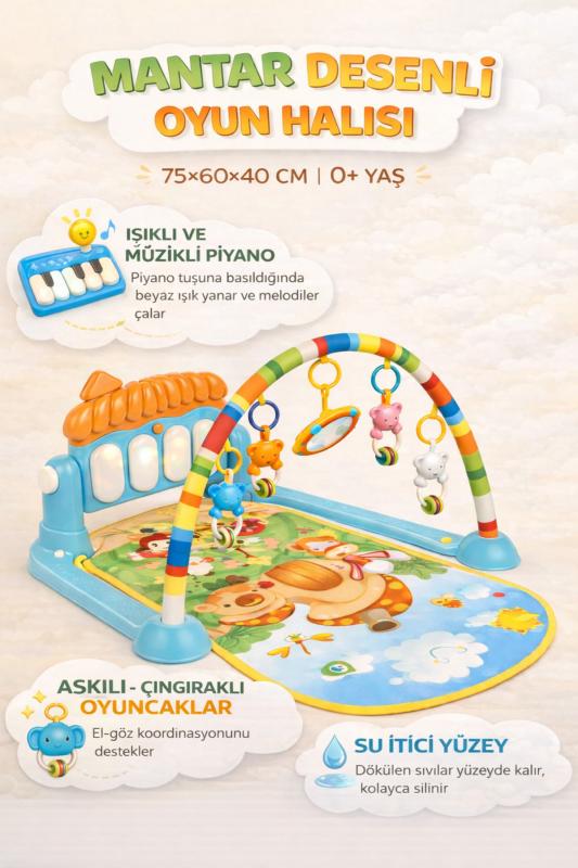 HAK İŞ OYUNCAK Piyanolu Mantar Desenli Bebek Oyun Halısı – 0+ Ay, Hayvan Figürlü Işıklı ve Müzikli Gelişim Matı ve