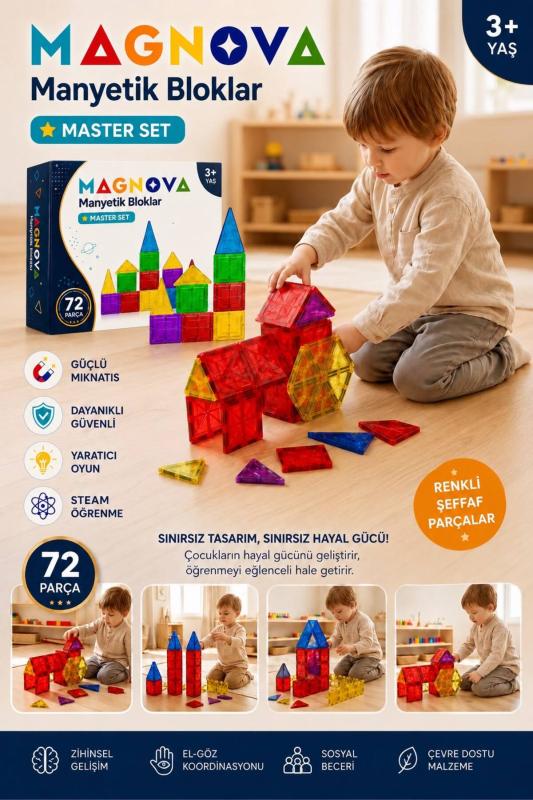 FBZhome 72 Parça Manyetik Yapı Blokları - Çocuklar için Renkli 3 Boyutlu Karo Oyun Seti Oyuncak Yap-Boz