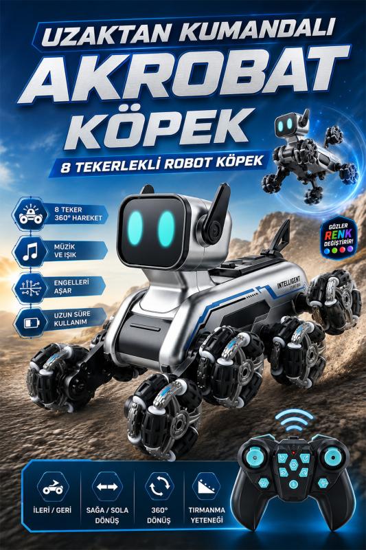 Uzaktan Kumandalı 8 Tekerli Akrobat Wall-e Benzeri Oyuncak Robot Köpek Araba 25 Cm. Gri