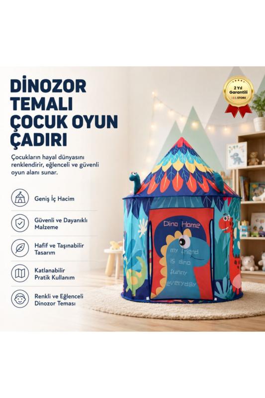 Dinozor Temalı Çocuk Oyun Çadırı Katlanabilir Ve Taşınabilir-1430 Açık Mavi