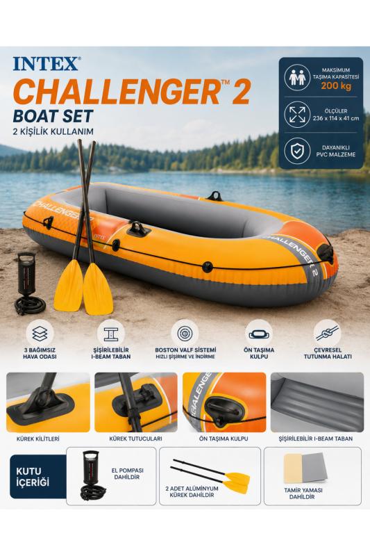 Intex Challenger 2 Şişme Bot Seti 2 Kişilik Kürekli 236x114x41 cm - 2026 New