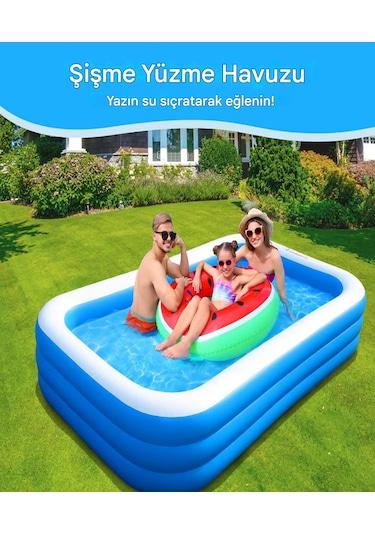 210x135x60cm Şişme Havuz 3 Katmanlı Yazlık Bahçe Havuzu Dikdörtgen Şişme Havuz Tatil Havuzu Yaz Mavi