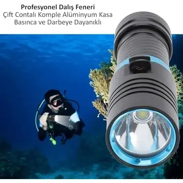 Valkyrie Profesyonel Şarjlı Su Altı Dalış Feneri Metal Kasa Yüksek Aydınlatma Su Geçirmez 2000mah Kutulu