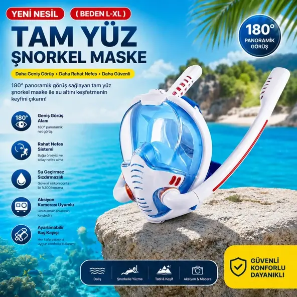 Hymark Çift Tüplü Şnorkel Maskesi L-xl Beden Tam Kuru Dalış Yüzme Maskesi Full Face Dalış Gözlüğü Beyaz - Mavi
